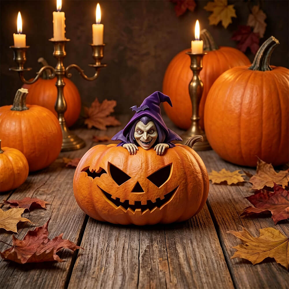 Halloween Decoration Witch Pumpkin Figurine Resin Desktop Organizer for Pens, Candies and Holiday Home Decor