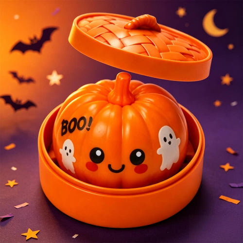 3.35'' Halloween Dumpling Squishies with Steamer Box Pumpkin Stress Relief Squishy Toy for Kids 14+ and Adults