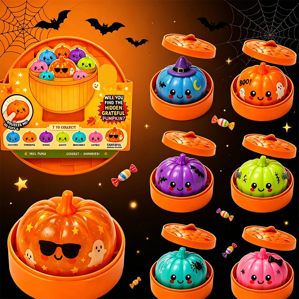 3.35'' Halloween Dumpling Squishies with Steamer Box Pumpkin Stress Relief Squishy Toy for Kids 14+ and Adults