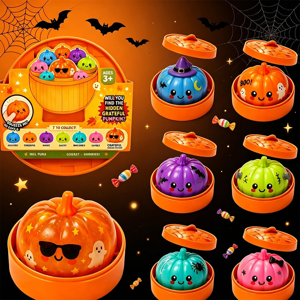 3.35'' Halloween Dumpling Squishies with Steamer Box Pumpkin Stress Relief Squishy Toy for Kids and Adults