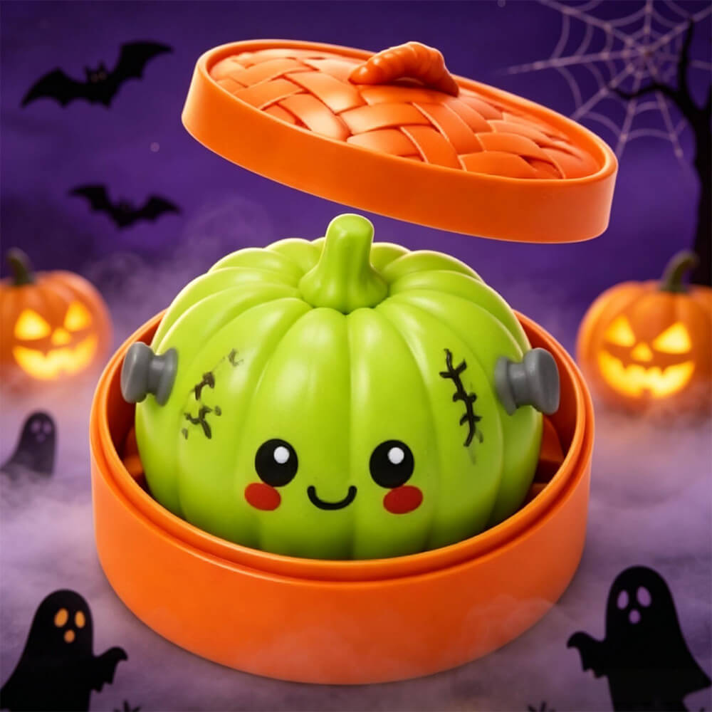 3.35'' Halloween Dumpling Squishies with Steamer Box Pumpkin Stress Relief Squishy Toy for Kids and Adults