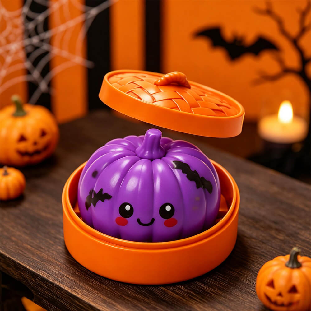 3.35'' Halloween Dumpling Squishies with Steamer Box Pumpkin Stress Relief Squishy Toy for Kids and Adults