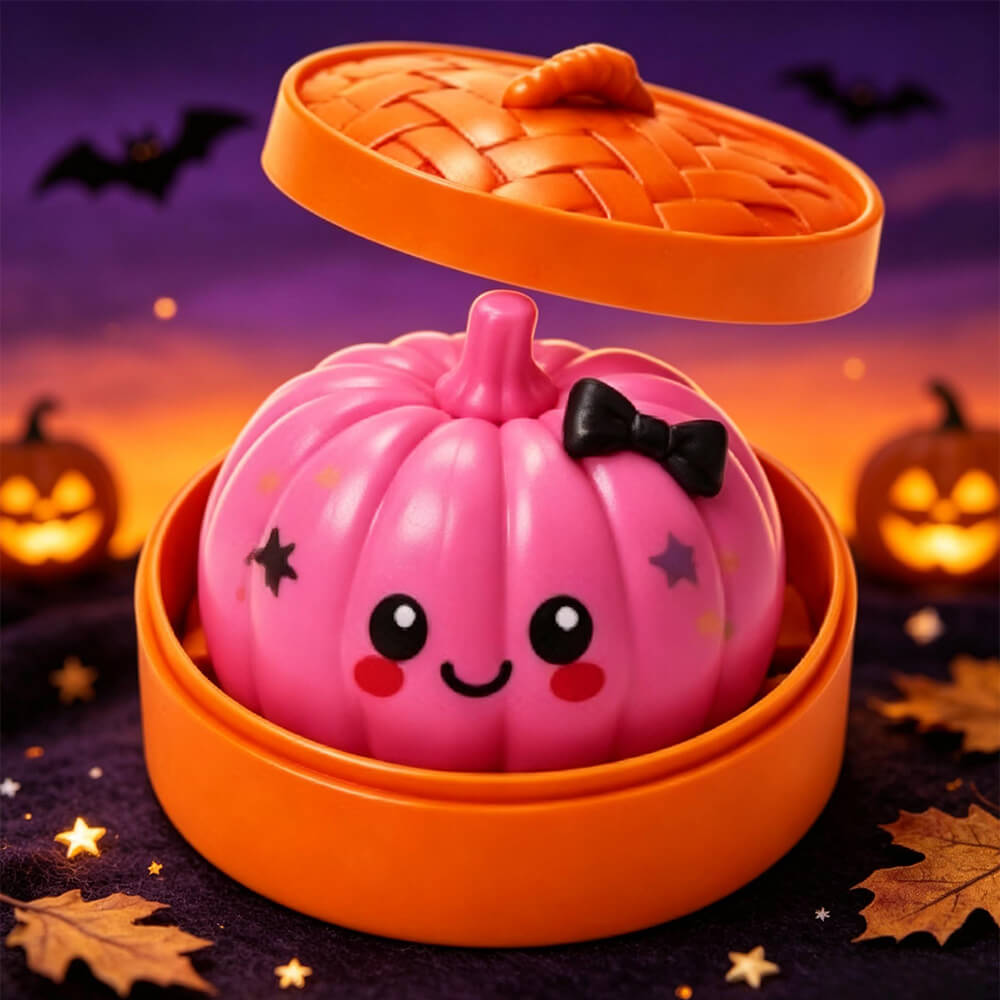 3.35'' Halloween Dumpling Squishies with Steamer Box Pumpkin Stress Relief Squishy Toy for Kids and Adults
