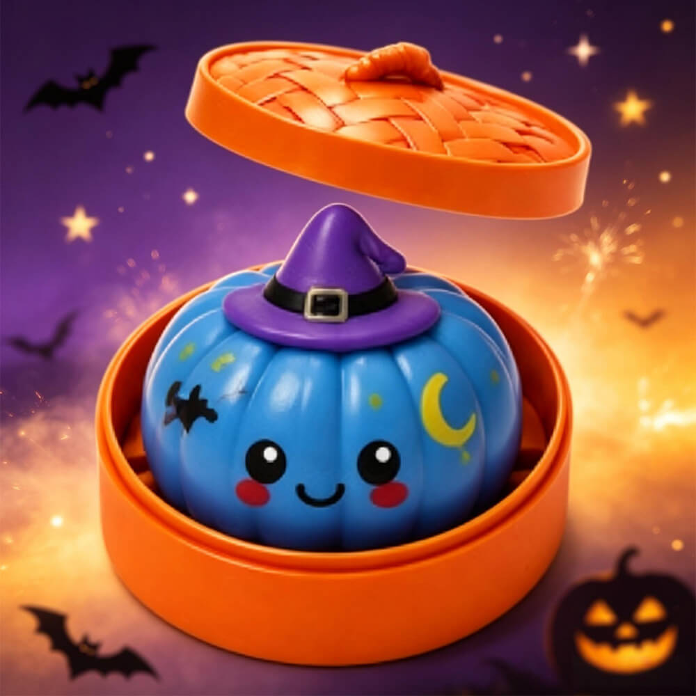 3.35'' Halloween Dumpling Squishies with Steamer Box Pumpkin Stress Relief Squishy Toy for Kids and Adults