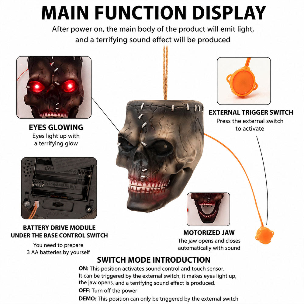 Halloween Electric Induction Hanging Skull Head Scary Skull Prop With Red Eyes and Spooky Sound For Haunted Party Decor