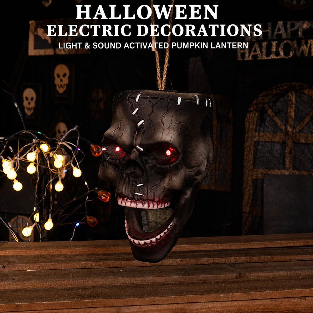 Halloween Electric Induction Hanging Skull Head Scary Skull Prop With Red Eyes and Spooky Sound For Haunted Party Decor