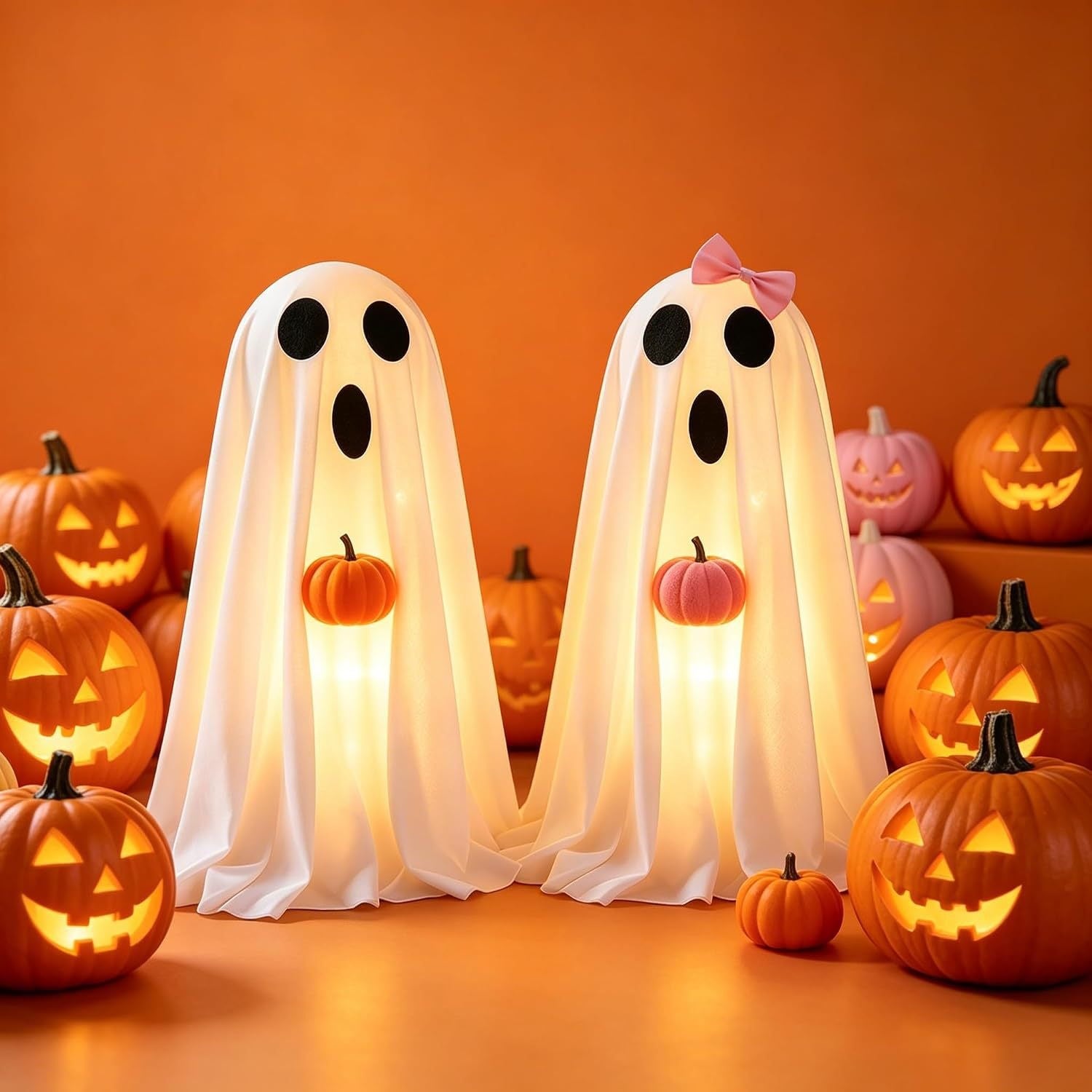 2pcs Halloween Ghost Cute Light‑Up Ghost Figurines with Pumpkin Ornaments and LED Lights for Halloween Party Decor