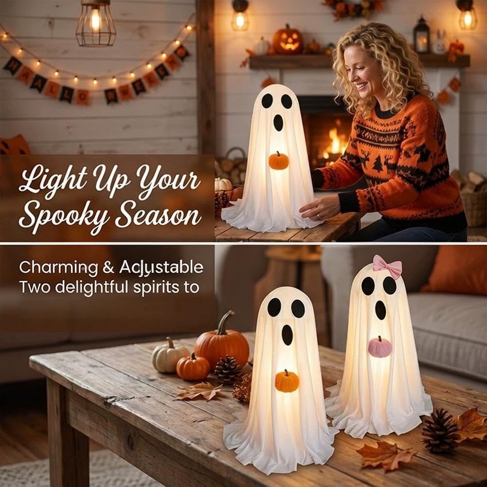 2pcs Halloween Ghost Cute Light‑Up Ghost Figurines with Pumpkin Ornaments and LED Lights for Halloween Party Decor