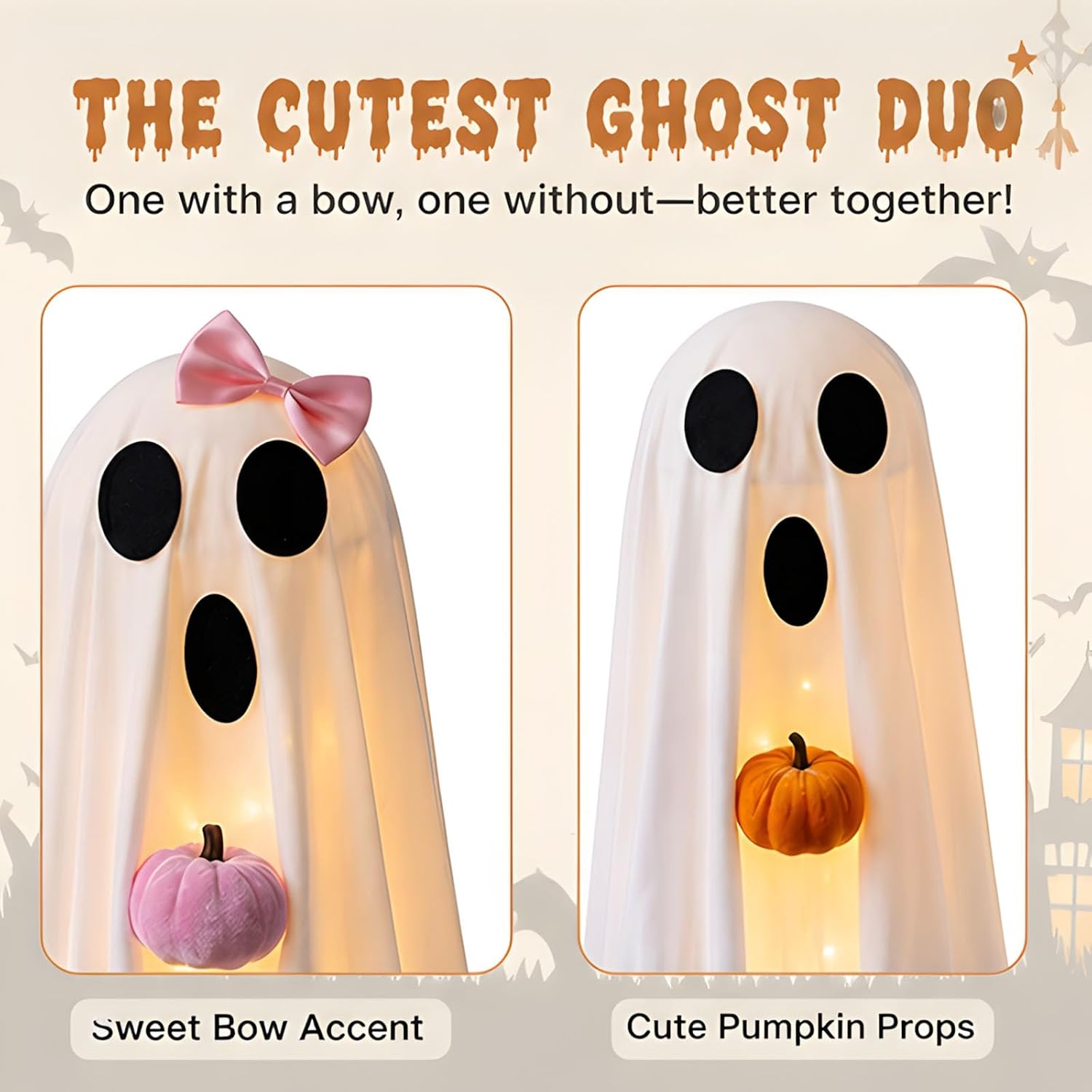 2pcs Halloween Ghost Cute Light‑Up Ghost Figurines with Pumpkin Ornaments and LED Lights for Halloween Party Decor