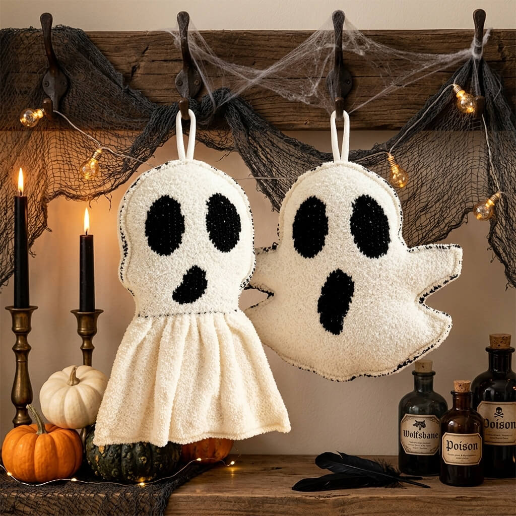 Halloween Ghost Plush Toys Set 2pcs Cute Spooky Ghost Decorative Cushions with Hanging Loops for Party Decor