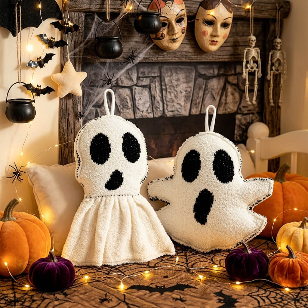 Halloween Ghost Plush Toys Set 2pcs Cute Spooky Ghost Decorative Cushions with Hanging Loops for Party Decor