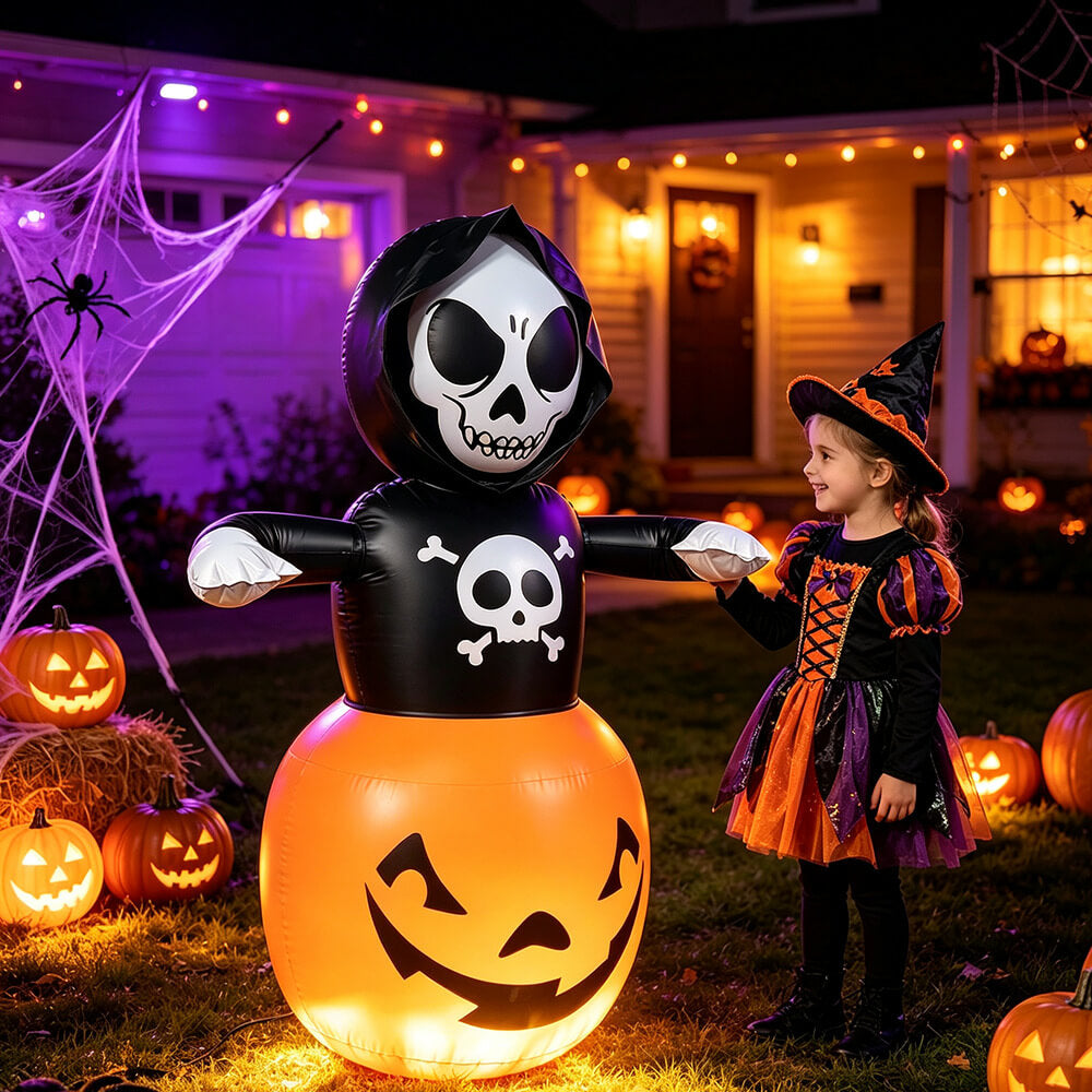 Halloween Inflatable Skull Pumpkin Tumbler with Light Halloween Decoration Inflatable Ornament for Indoor and Outdoor