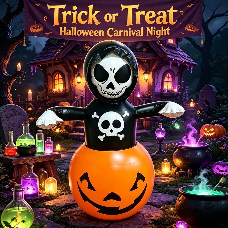 Halloween Inflatable Skull Pumpkin Tumbler with Light Halloween Decoration Inflatable Ornament for Indoor and Outdoor