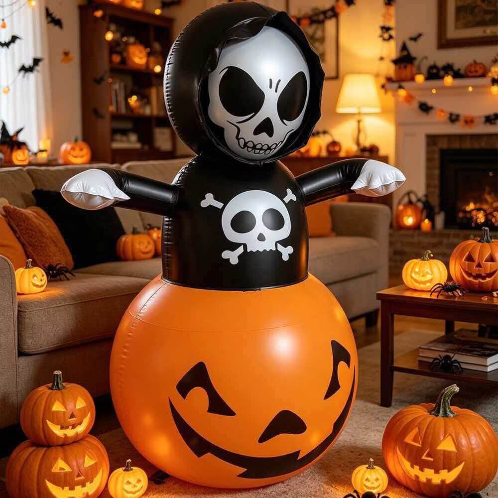 Halloween Inflatable Skull Pumpkin Tumbler with Light Halloween Decoration Inflatable Ornament for Indoor and Outdoor
