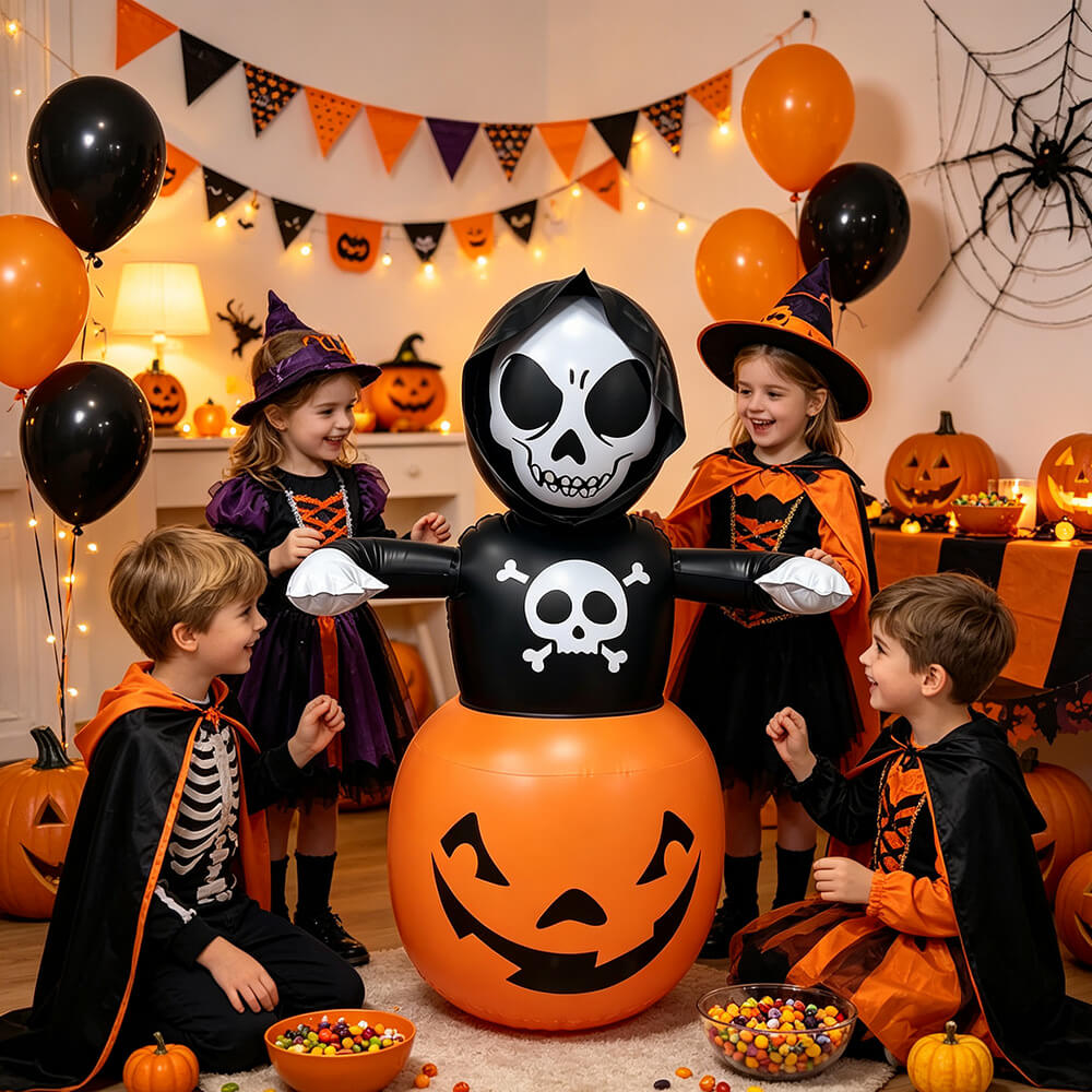 Halloween Inflatable Skull Pumpkin Tumbler with Light Halloween Decoration Inflatable Ornament for Indoor and Outdoor