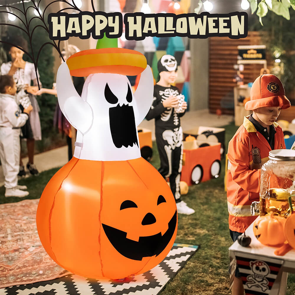 Halloween Inflatables Animated Ghost Pumpkin with LED Lights Movable Up and Down Ghost For Yard Decoration