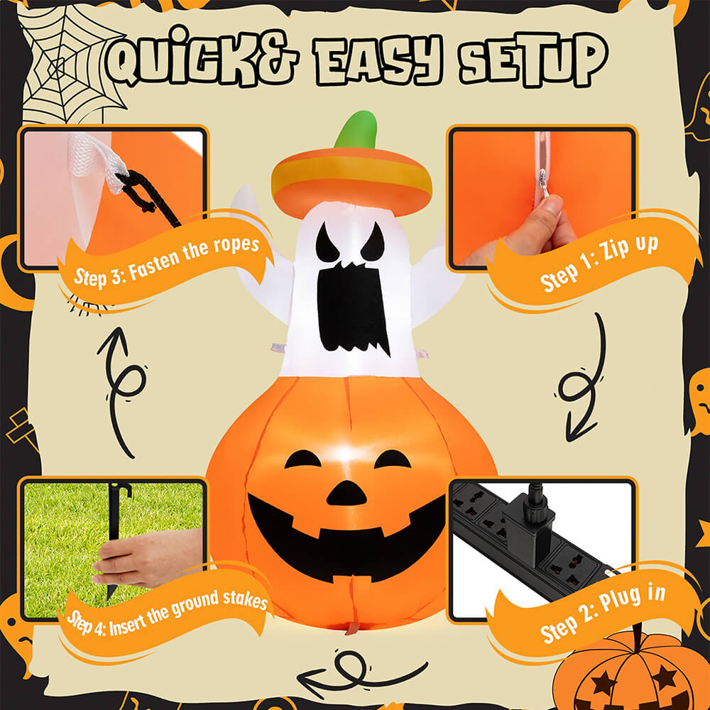 Halloween Inflatables Animated Ghost Pumpkin with LED Lights Movable Up and Down Ghost For Yard Decoration