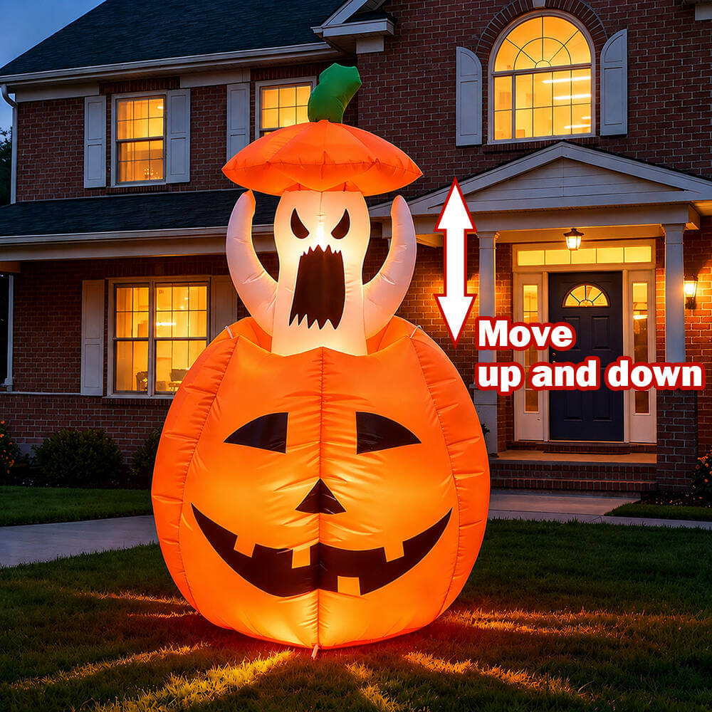 Halloween Inflatables Animated Ghost Pumpkin with LED Lights Movable Up and Down Ghost For Yard Decoration