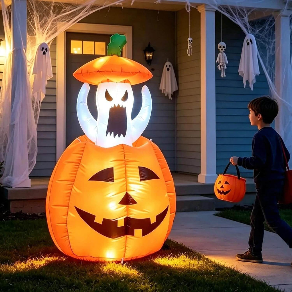 Halloween Inflatables Animated Ghost Pumpkin with LED Lights Movable Up and Down Ghost For Yard Decoration