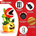 5FT Halloween Inflatables Carnivorous Plant on Pumpkin with LED Lights Monster Blow‑Up Ornament for Holiday Decor