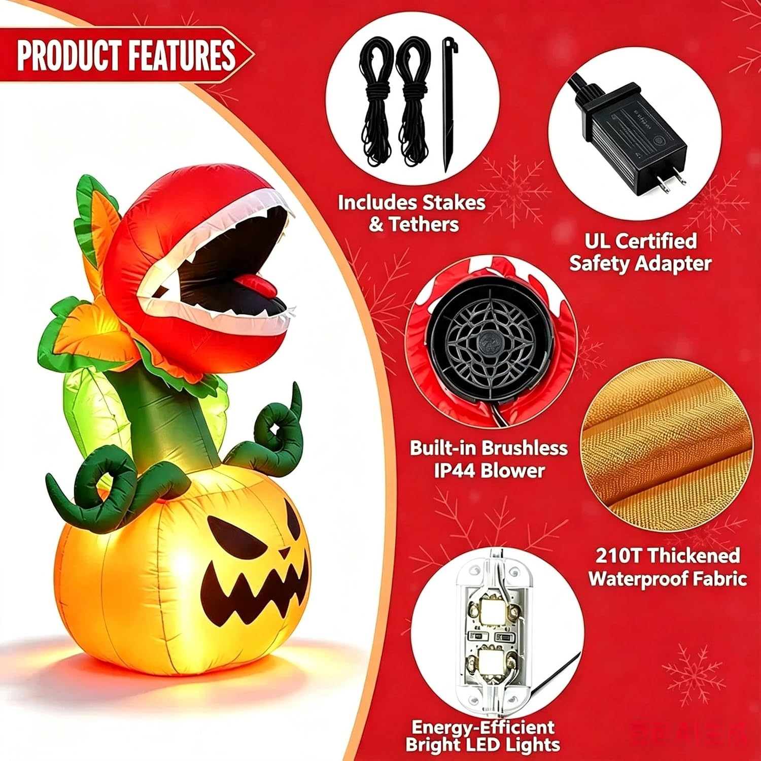 5FT Halloween Inflatables Carnivorous Plant on Pumpkin with LED Lights Monster Blow‑Up Ornament for Holiday Decor