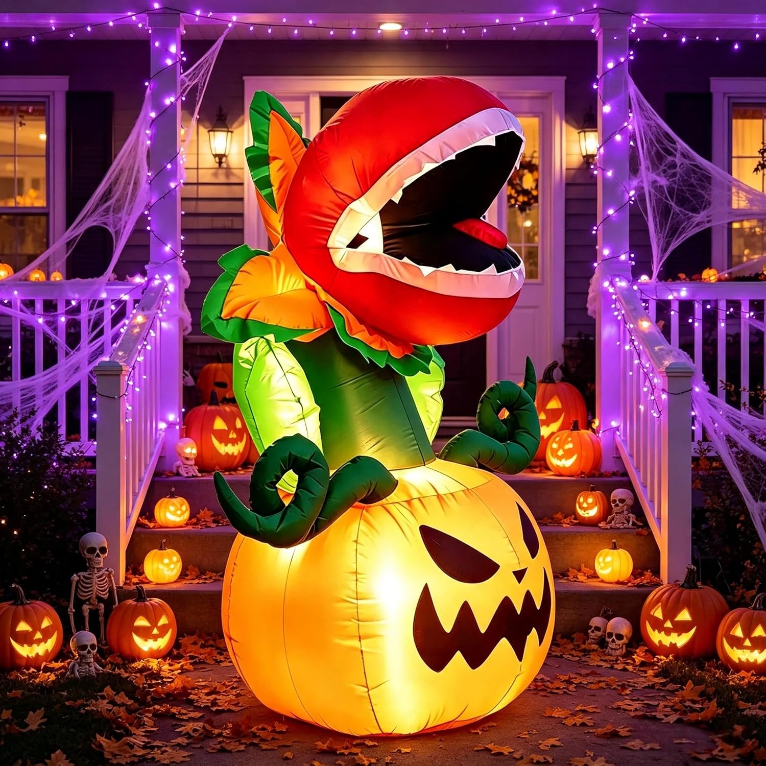 5FT Halloween Inflatables Carnivorous Plant on Pumpkin with LED Lights Monster Blow‑Up Ornament for Holiday Decor