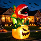 5FT Halloween Inflatables Carnivorous Plant on Pumpkin with LED Lights Monster Blow‑Up Ornament for Holiday Decor