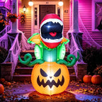 5FT Halloween Inflatables Carnivorous Plant on Pumpkin with LED Lights Monster Blow‑Up Ornament for Holiday Decor