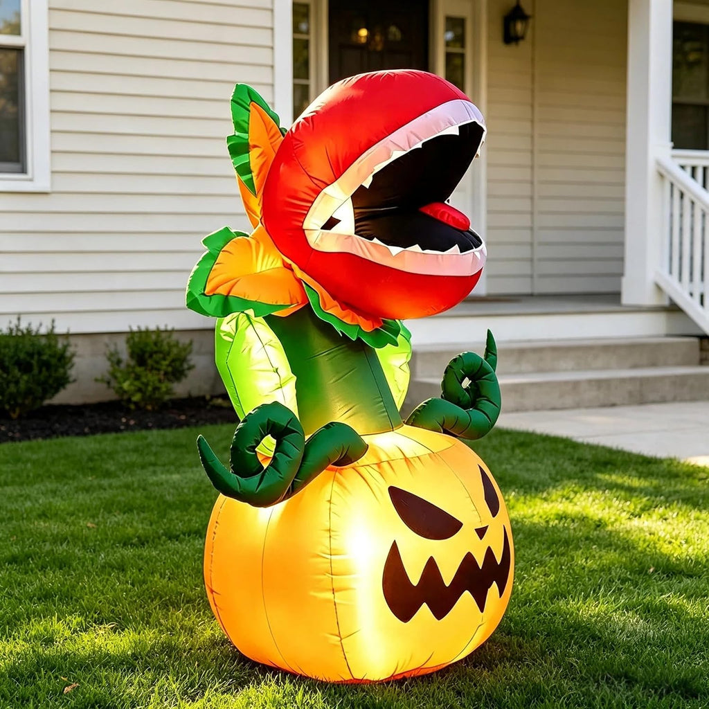 5FT Halloween Inflatables Carnivorous Plant on Pumpkin with LED Lights Monster Blow‑Up Ornament for Holiday Decor