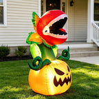 5FT Halloween Inflatables Carnivorous Plant on Pumpkin with LED Lights Monster Blow‑Up Ornament for Holiday Decor