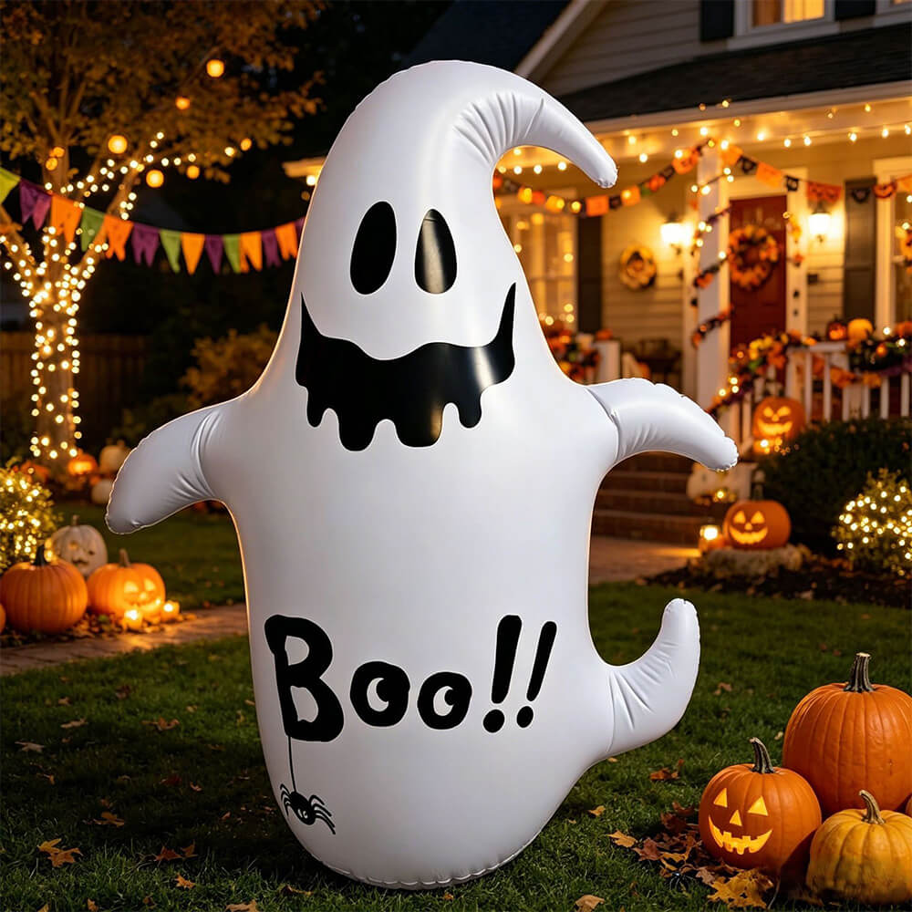 Halloween Inflatables White Inflatable Ghost with Colorful Light and Water Weight Base for Halloween Decor