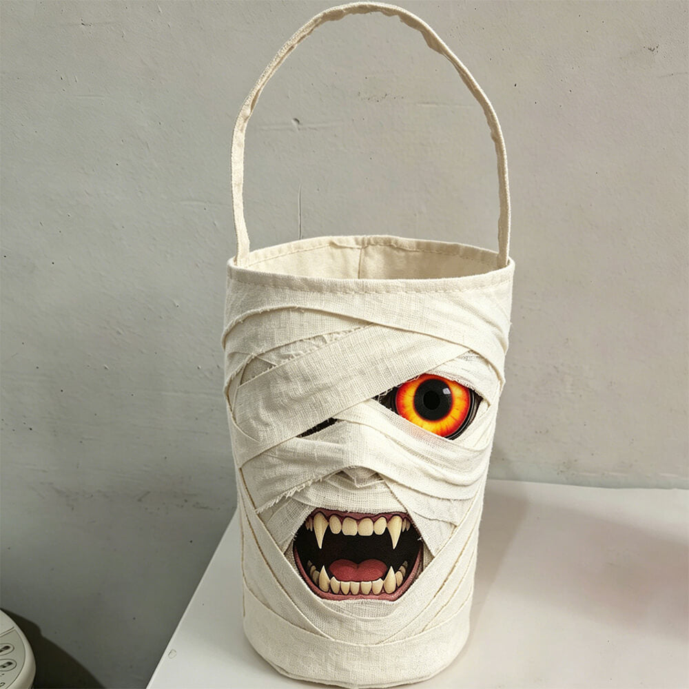 Halloween LED Mummy Candy Bucket with Handle Spooky Monster Face Reusable Halloween Candy Basket