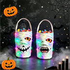 Halloween LED Mummy Candy Bucket with Handle Spooky Monster Face Reusable Halloween Candy Basket