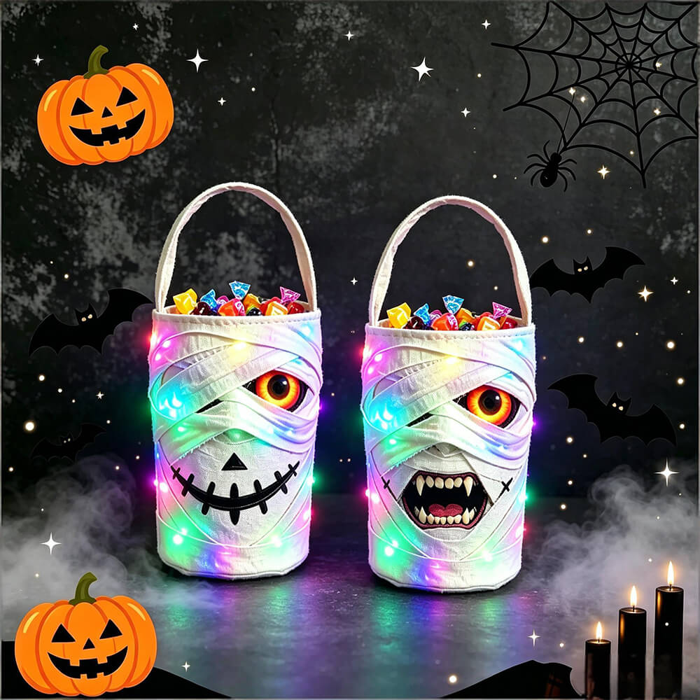 Halloween LED Mummy Candy Bucket with Handle Spooky Monster Face Reusable Halloween Candy Basket