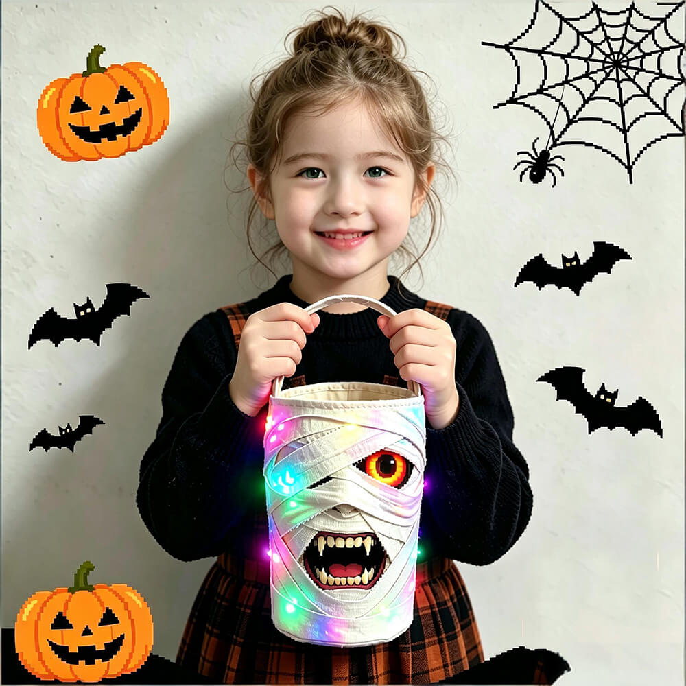 Halloween LED Mummy Candy Bucket with Handle Spooky Monster Face Reusable Halloween Candy Basket