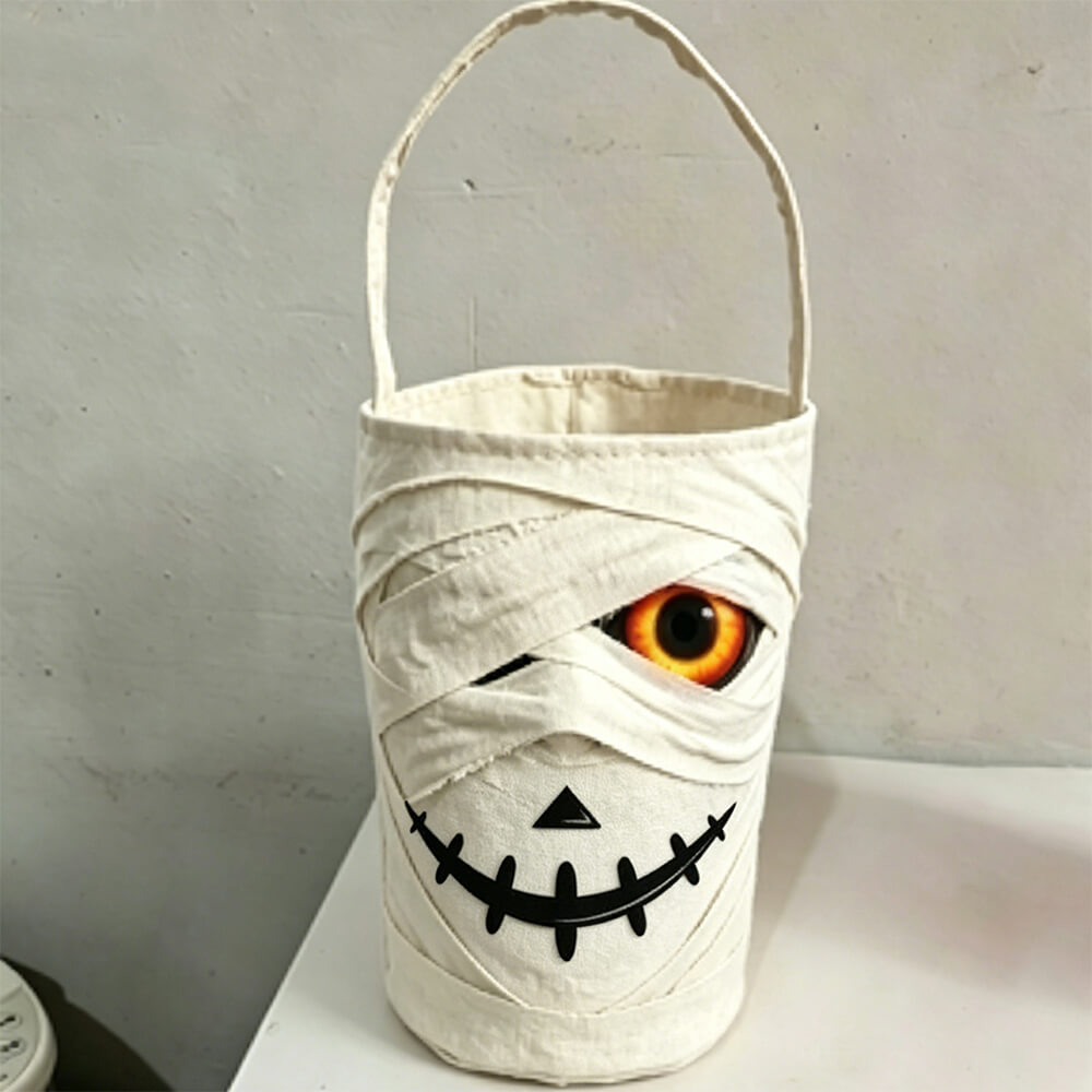 Halloween LED Mummy Candy Bucket with Handle Spooky Monster Face Reusable Halloween Candy Basket