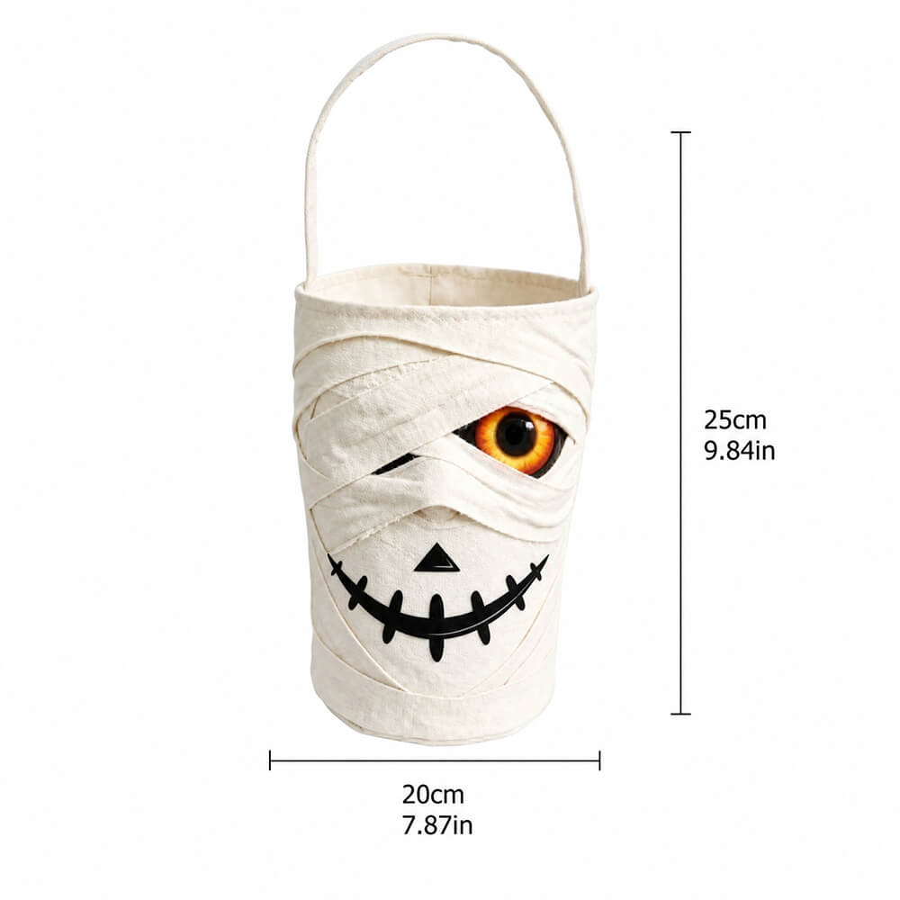 Halloween LED Mummy Candy Bucket with Handle Spooky Monster Face Reusable Halloween Candy Basket