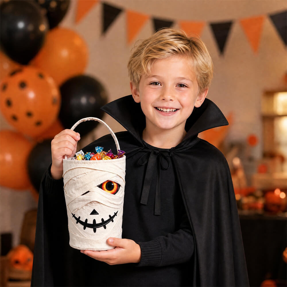 Halloween LED Mummy Candy Bucket with Handle Spooky Monster Face Reusable Halloween Candy Basket
