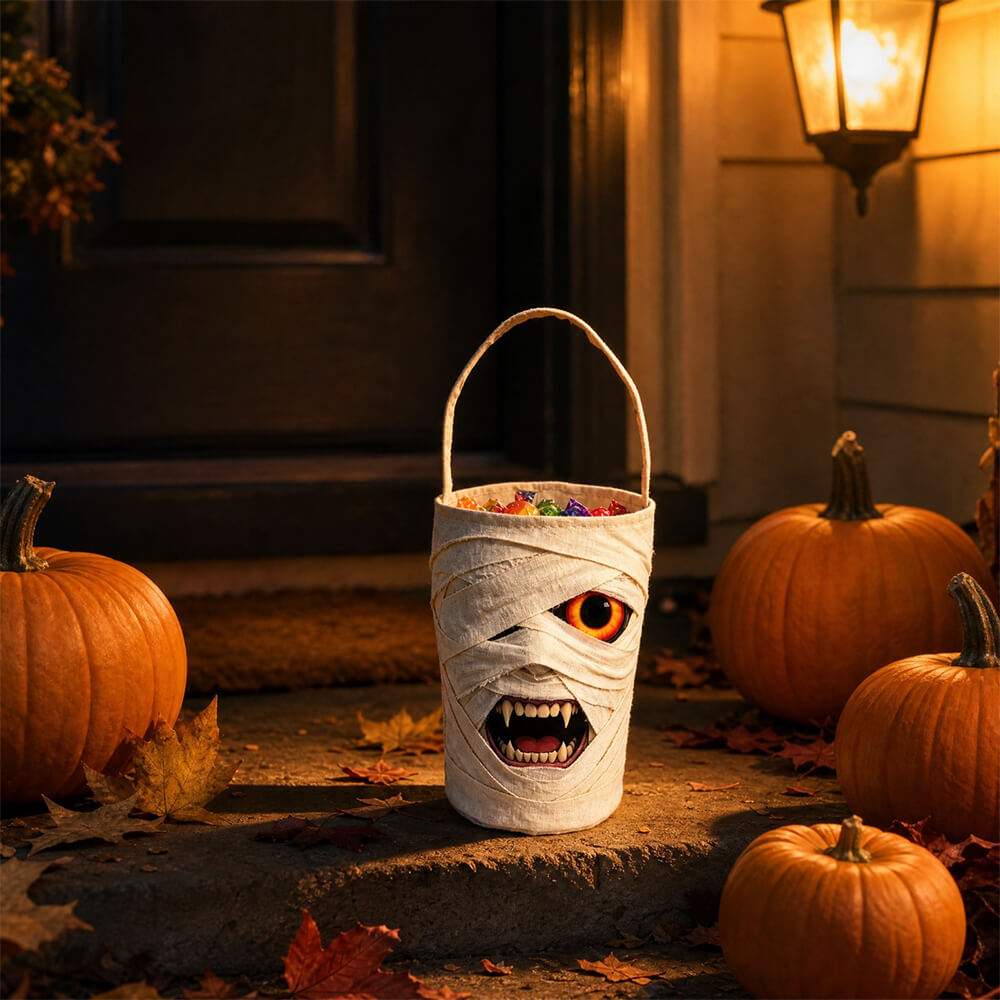 Halloween LED Mummy Candy Bucket with Handle Spooky Monster Face Reusable Halloween Candy Basket