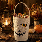Halloween LED Mummy Candy Bucket with Handle Spooky Monster Face Reusable Halloween Candy Basket
