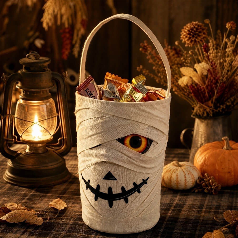 Halloween LED Mummy Candy Bucket with Handle Spooky Monster Face Reusable Halloween Candy Basket