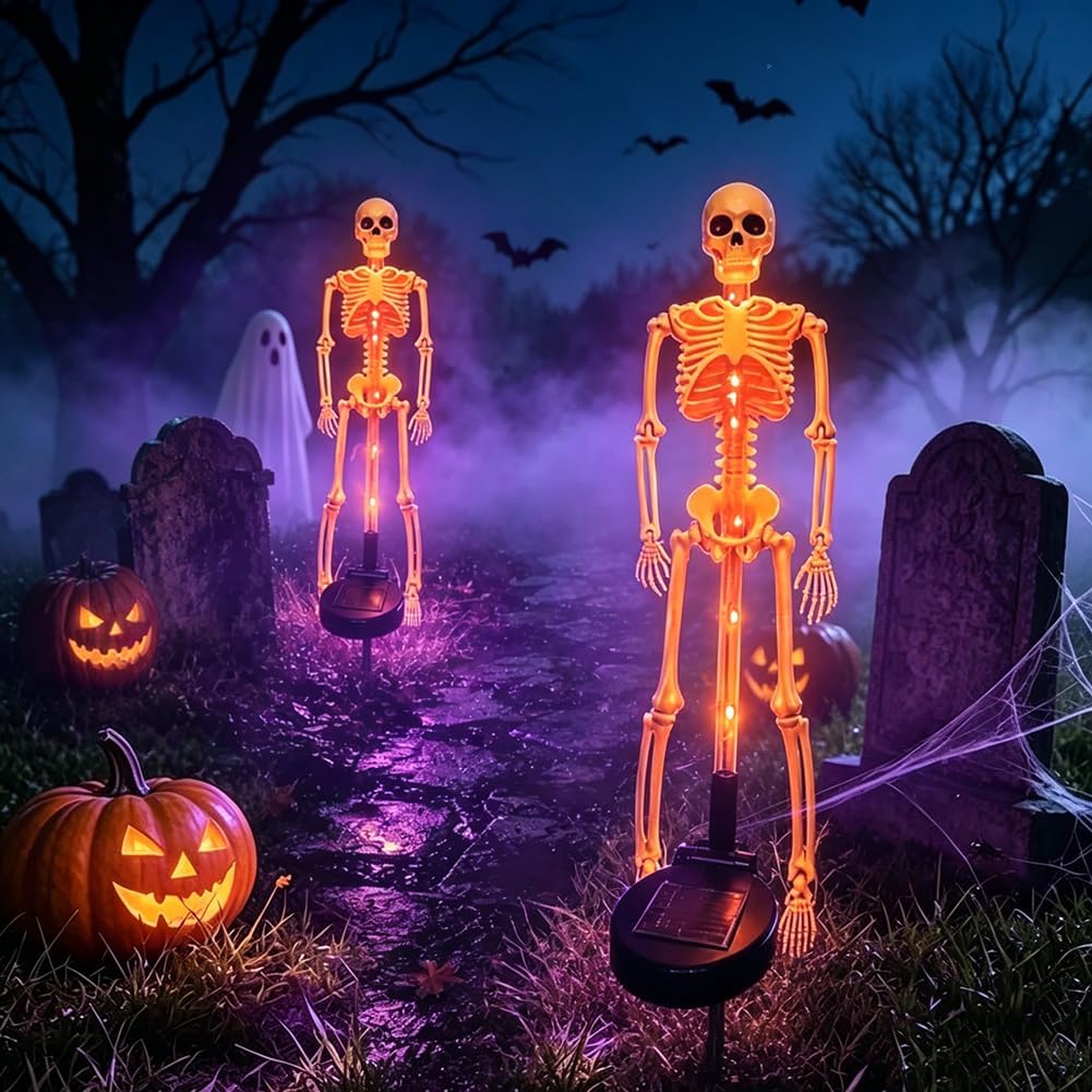 Halloween Light 2pcs Solar Powered Skeleton Stake Lights 3D Realistic Bone LED Skeleton Yard Decor