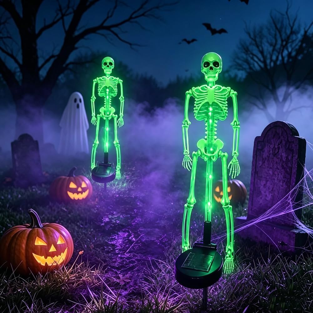 Halloween Light 2pcs Solar Powered Skeleton Stake Lights 3D Realistic Bone LED Skeleton Yard Decor