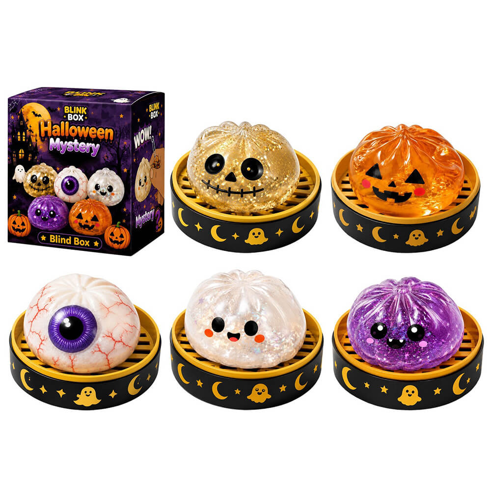 3.35'' Halloween Mystery Blind Box 5pcs Squishy Toy with Steamer Box Cute Squeeze Toys for Kids and Adults