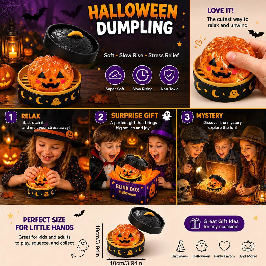 3.35'' Halloween Dumpling Squishy with Steamer Box Mystery Blind Box Cute Squishy Toy for Kids 14+ and Adults