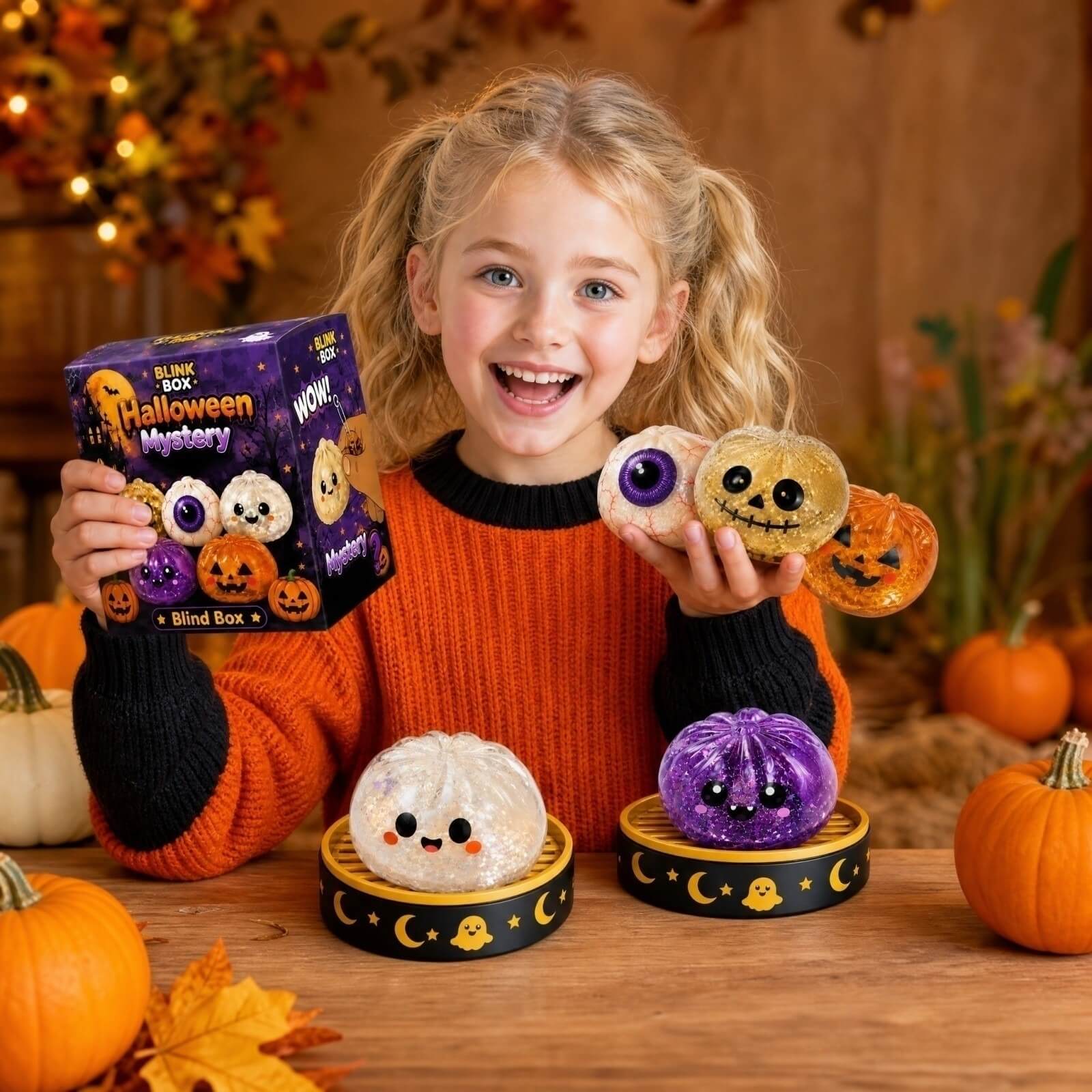 3.35'' Halloween Dumpling Squishy with Steamer Box Mystery Blind Box Cute Squishy Toy for Kids 14+ and Adults