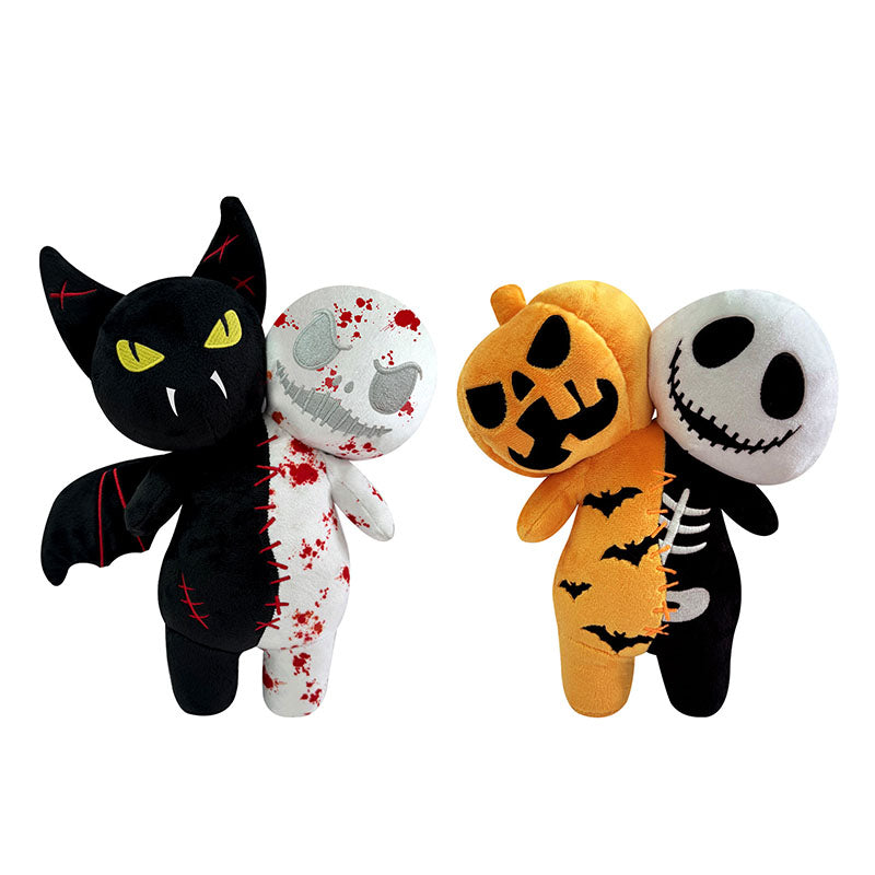 9.8'' Halloween Plush Toy Glow in the Dark Double Head Toy Luminous Pumpkin Skull Bat Ghost Toy