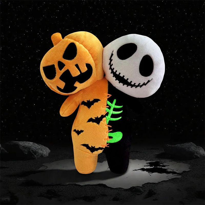 9.8'' Halloween Plush Toy Glow in the Dark Double Head Toy Luminous Pumpkin Skull Bat Ghost Toy