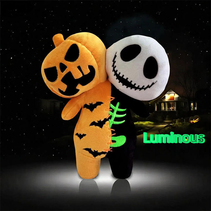 9.8'' Halloween Plush Toy Glow in the Dark Double Head Toy Luminous Pumpkin Skull Bat Ghost Toy