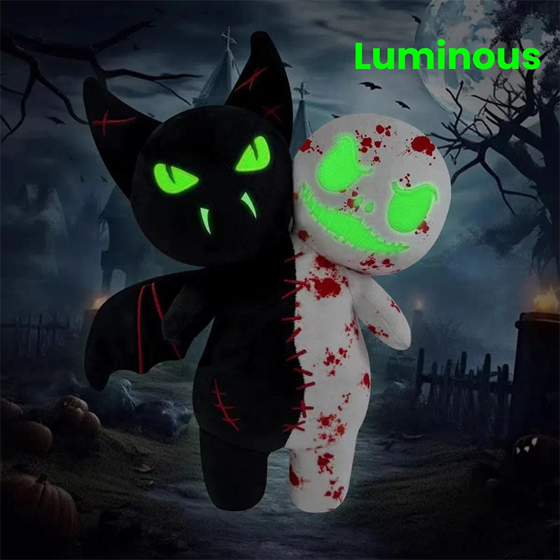 9.8'' Halloween Plush Toy Glow in the Dark Double Head Toy Luminous Pumpkin Skull Bat Ghost Toy